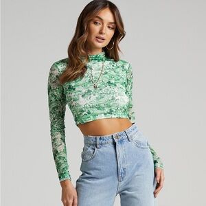 Showpo FERGAL TOP - MESH CROP TOP IN GREEN FURNISHING FLORAL Size 4